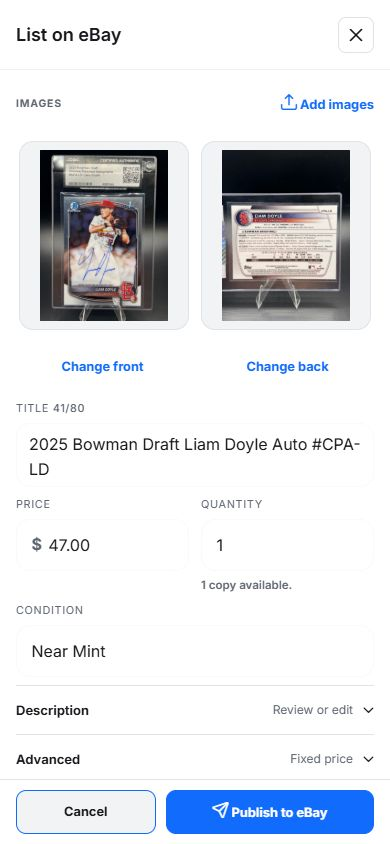 Mobile web eBay listing review with real card photos, title, price, and condition