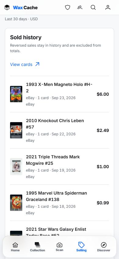 Mobile web Sold history showing existing recorded sales