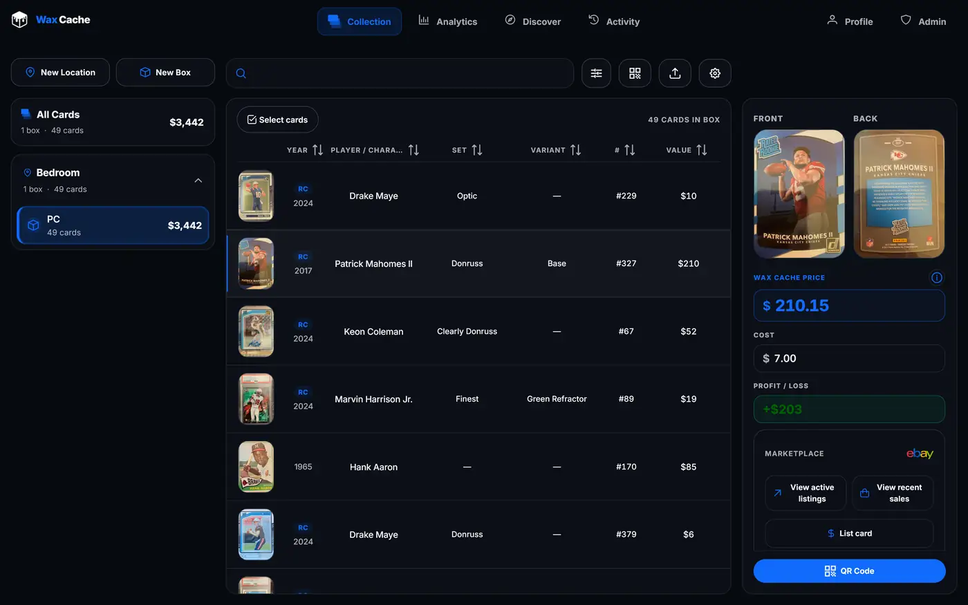 Wax Cache desktop screenshot 1 — sports card and TCG collection management