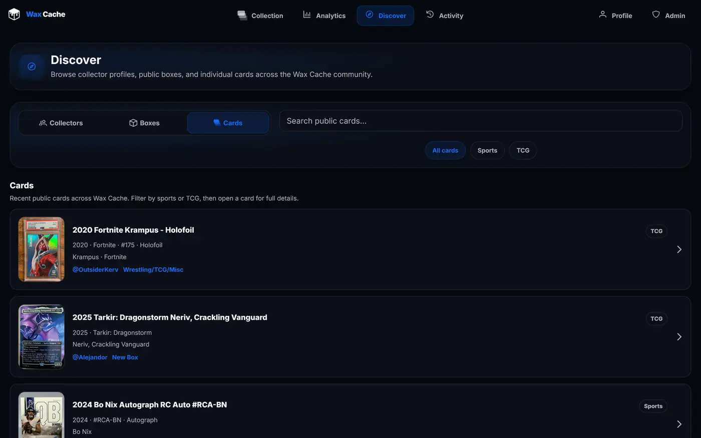 Wax Cache desktop screenshot 9 — sports card and TCG collection management