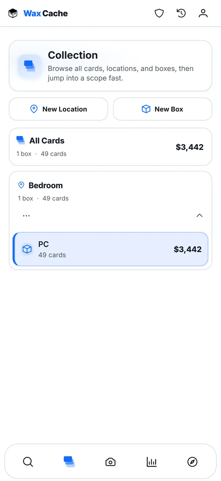 Wax Cache mobile collection view showing boxes and card collection value